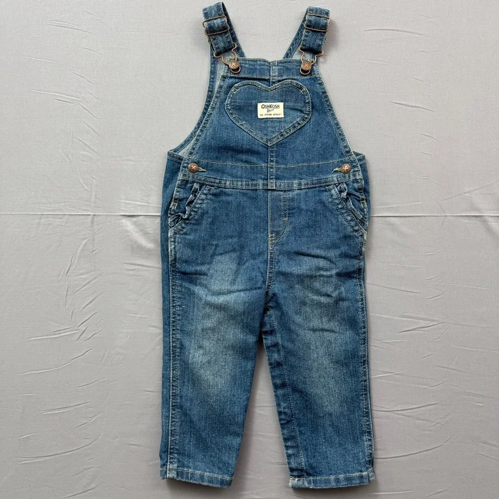 OshKosh Bgosh Baby Girls Denim Heart Pocket Overalls Blue 18M